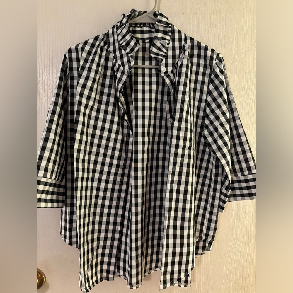 Boutique Buffalo Check Blouse with Ruffled Neck Detail